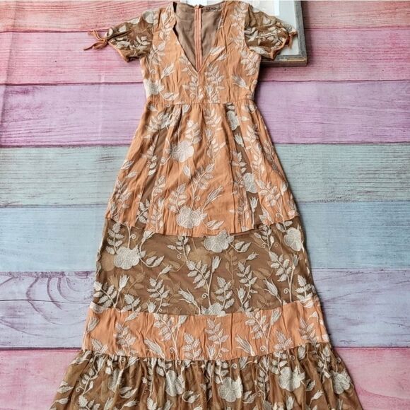 For Love and Lemons Peach Mia Floral Embroidered Sheer Tiered Maxi‎ Dress Small - Picture 2 of 7
